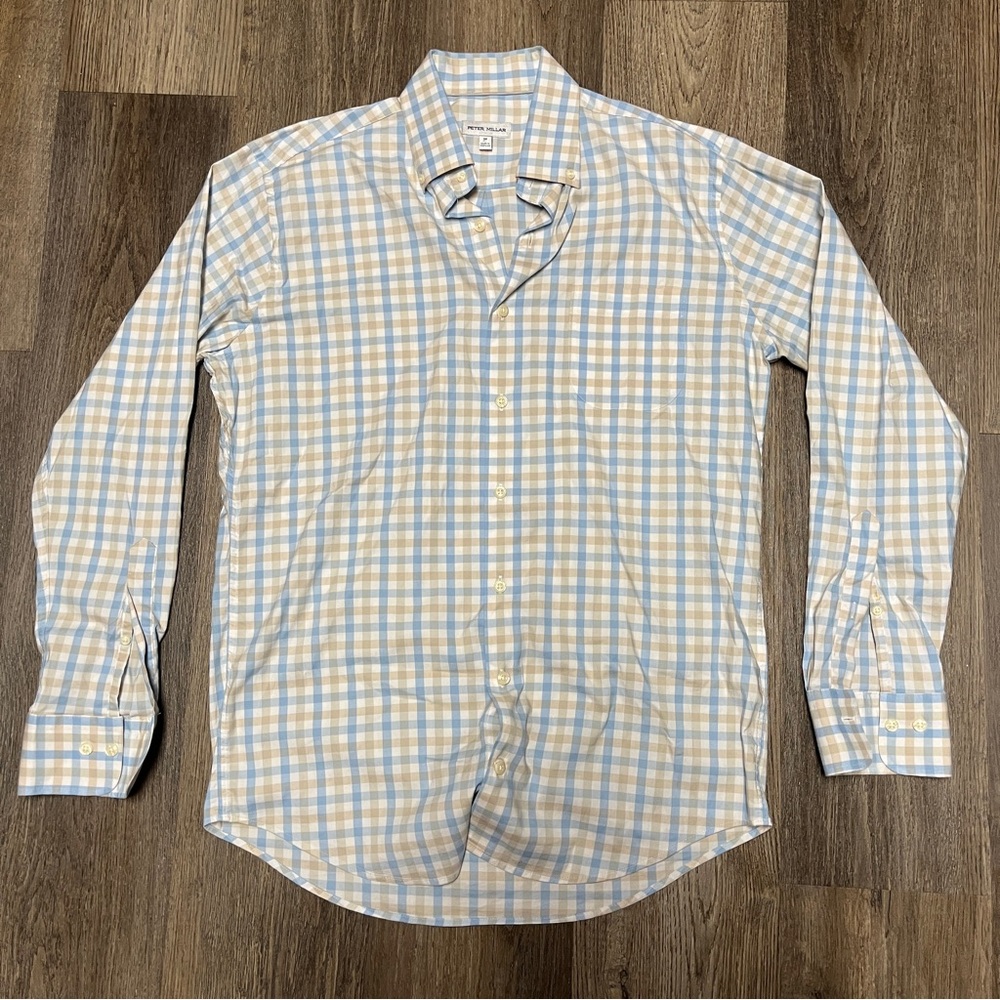 Peter Millar Mens Medium Button Down Shirt Blue White Checkered Casual Work
